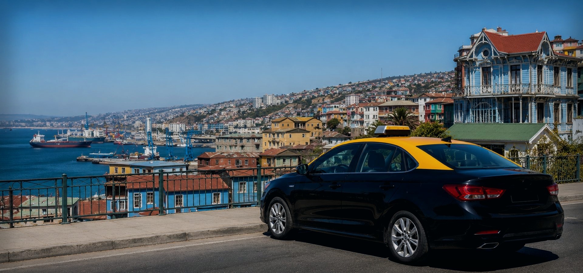 Taxi negro con techo amarillo en zona portuaria de San Antonio