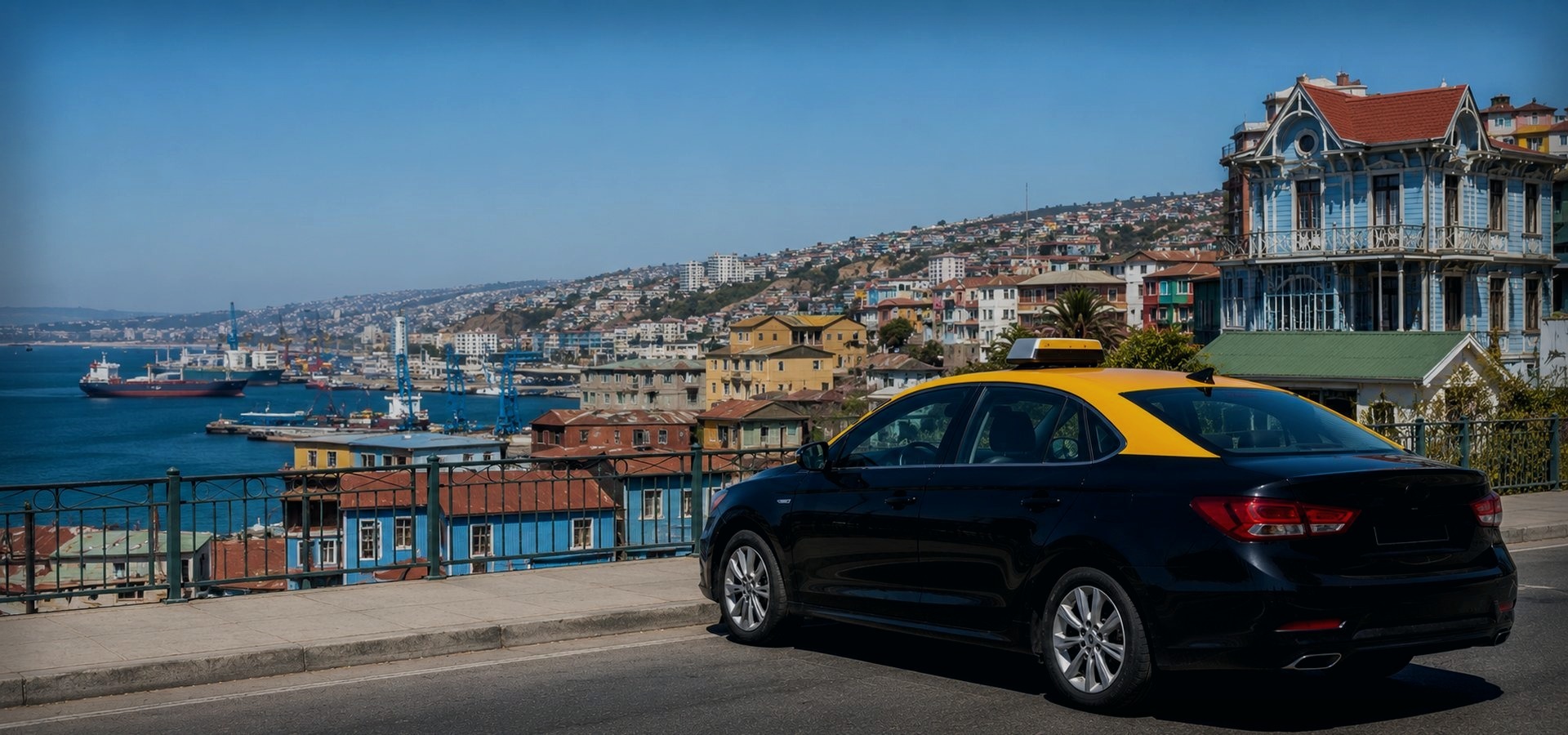 Taxi negro con techo amarillo en borde portuario de Valparaíso