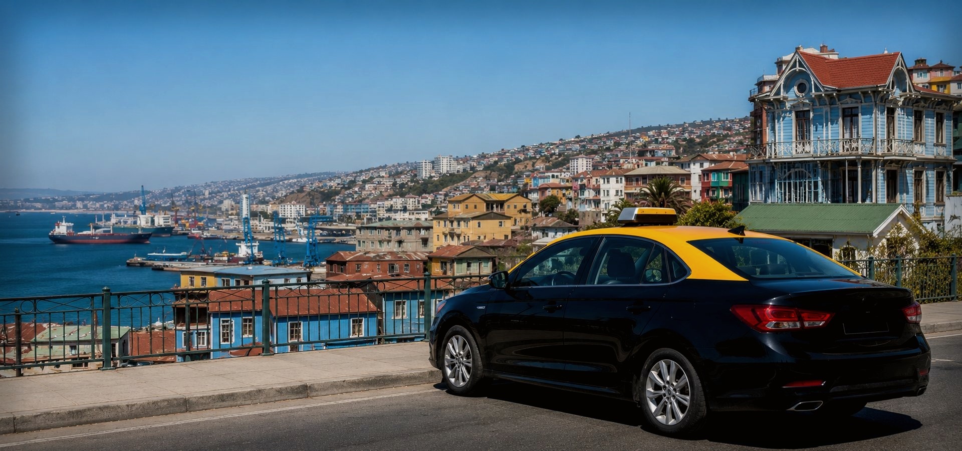 Taxi negro con techo amarillo en Valle de Casablanca y Ruta 68