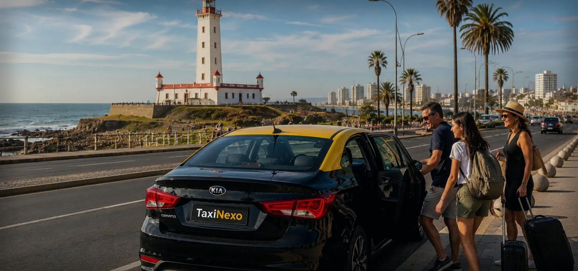 Taxi negro con techo amarillo en Peñuelas, Casino Enjoy y borde costero La Serena-Coquimbo