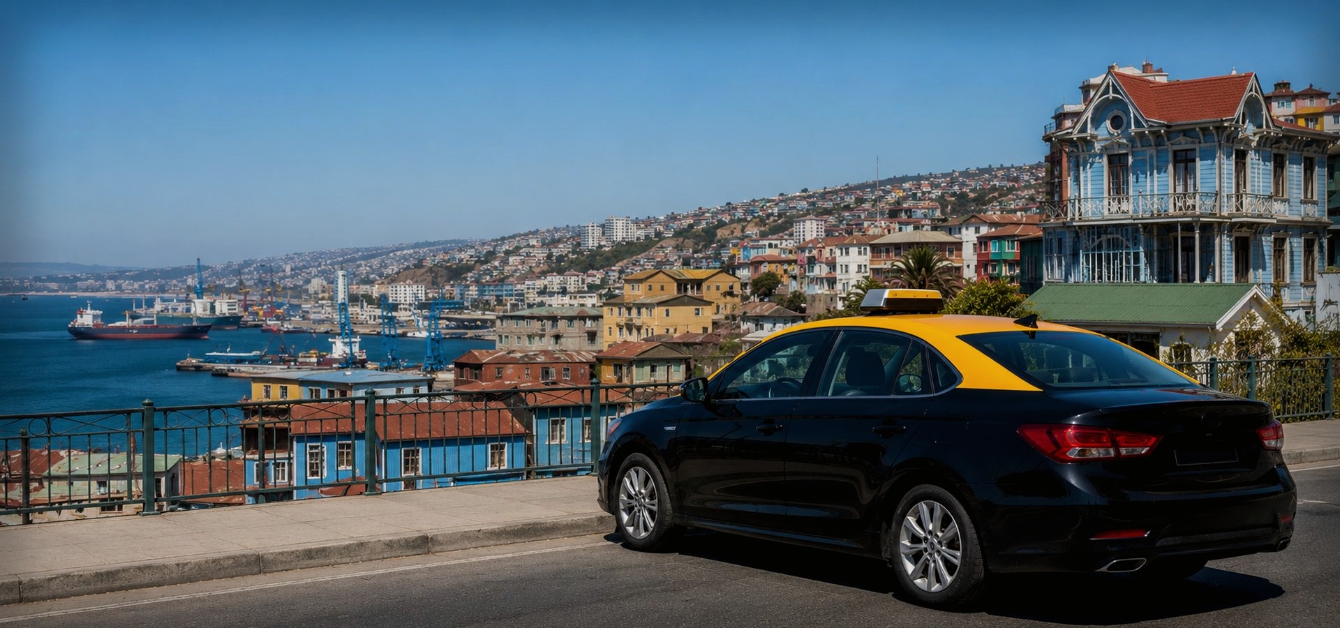 Taxi negro con techo amarillo en Valle de Casablanca y ruta del vino