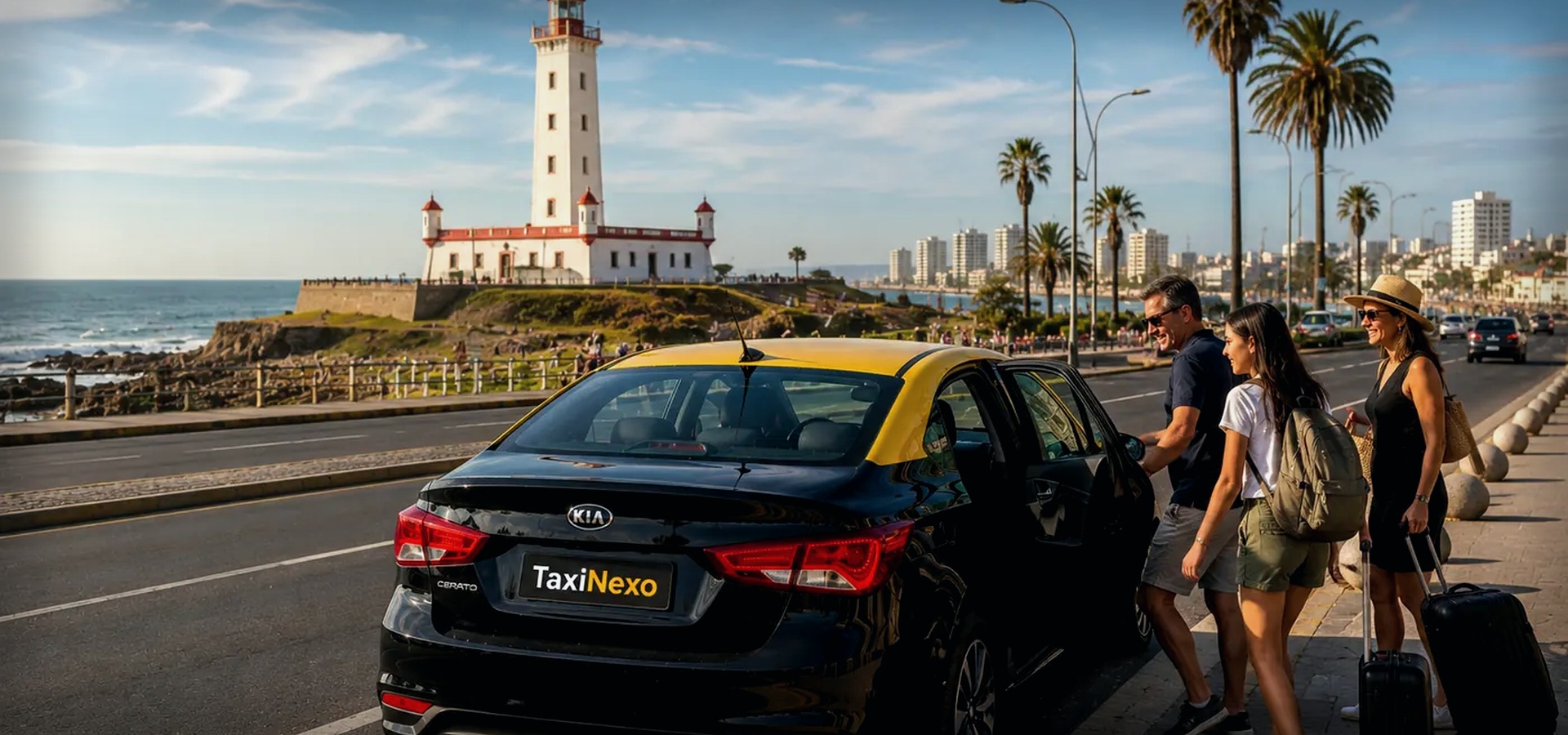 Taxi negro con techo amarillo en Avenida del Mar y borde costero de La Serena