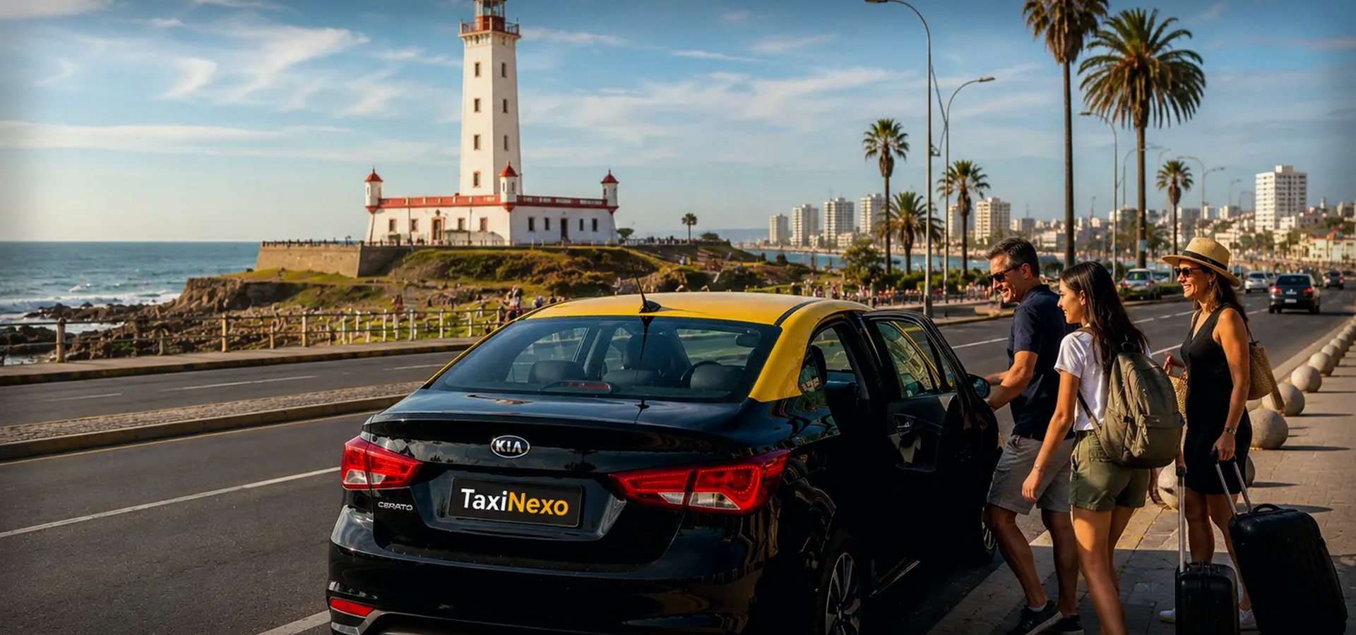 Taxi negro con techo amarillo en centro de La Serena, Avenida Francisco de Aguirre