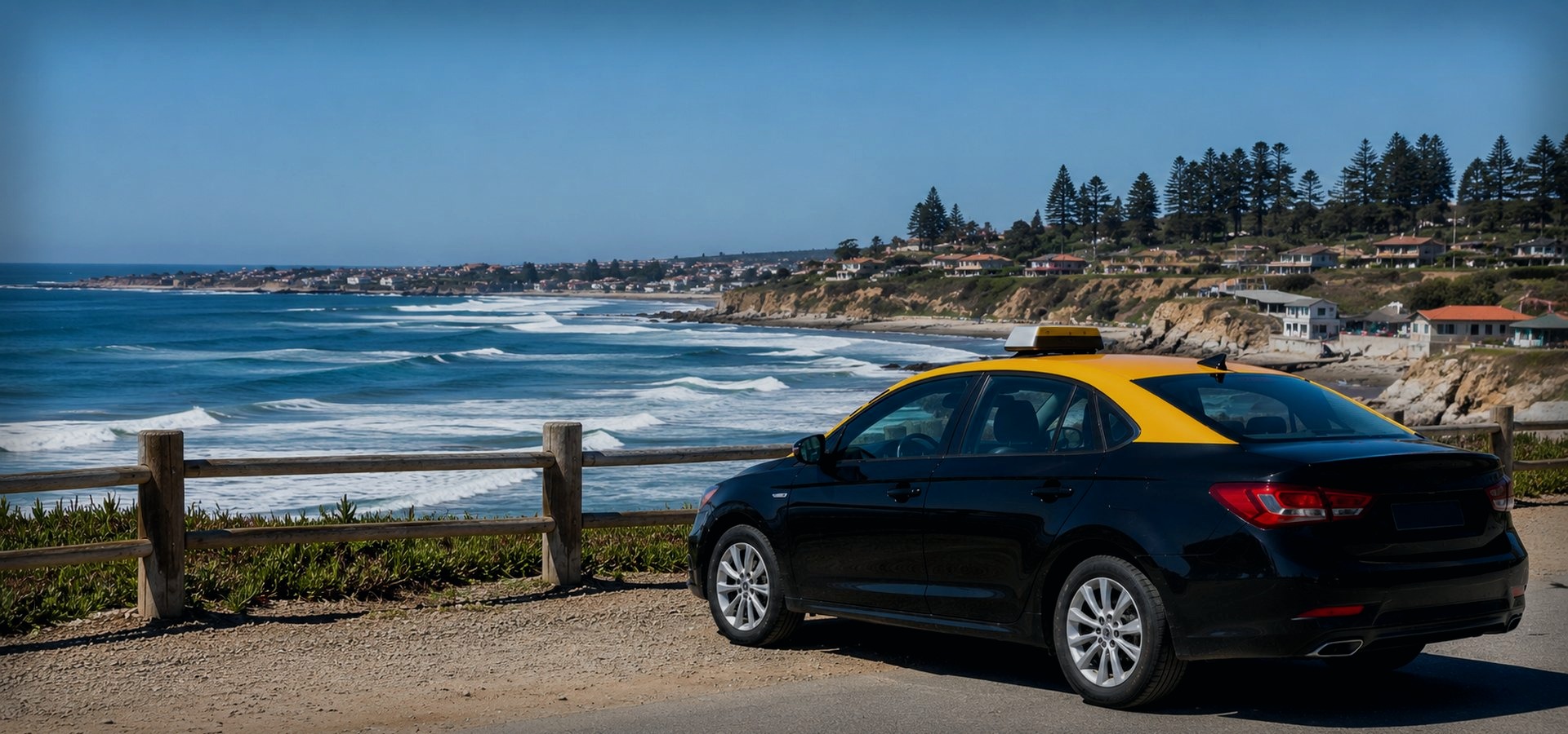 Taxi negro con techo amarillo en centro de Pichilemu y borde costero