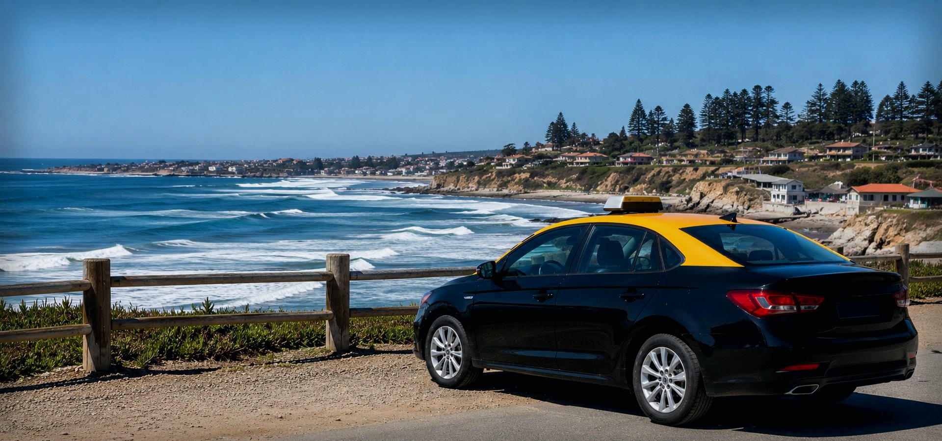 Taxi negro con techo amarillo en Punta de Lobos, costa sur de Pichilemu